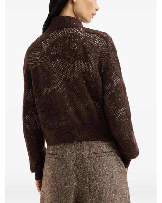 Brunello Cucinelli Brown Cardigan À Fleurs En Dentelle En Mohair Scintillant Et Laine Vierge