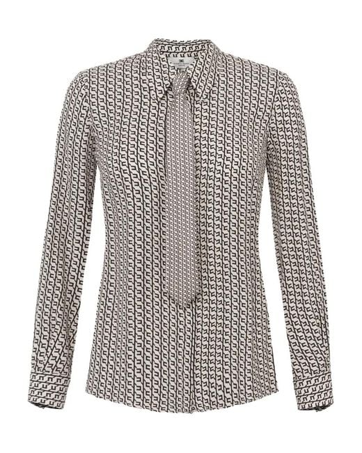 Elisabetta Franchi Gray Geometric-Print Tie-Neck Blouse