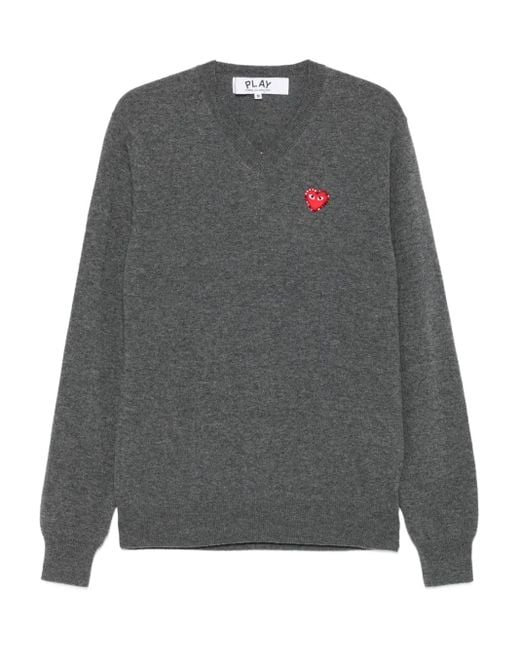 COMME DES GARÇONS PLAY Gray Heart-Emblem V-Neck Sweater