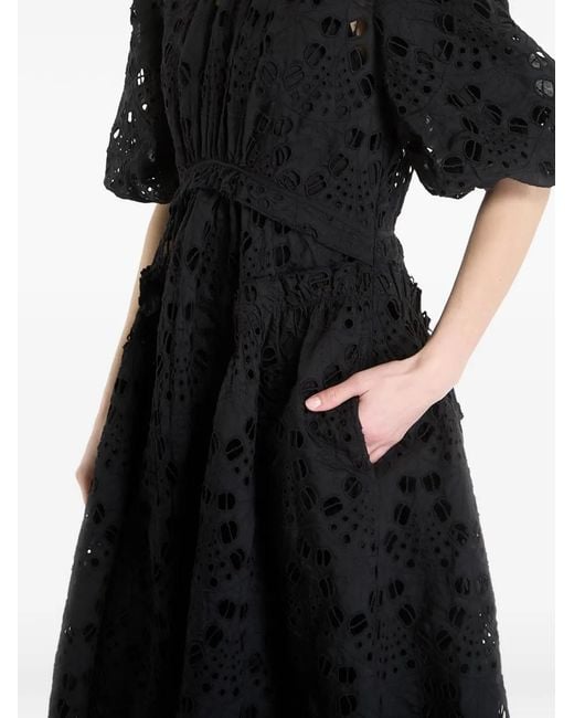 AllSaints Black Odette Broderie-Anglaise Puff-Sleeve Midi Dress