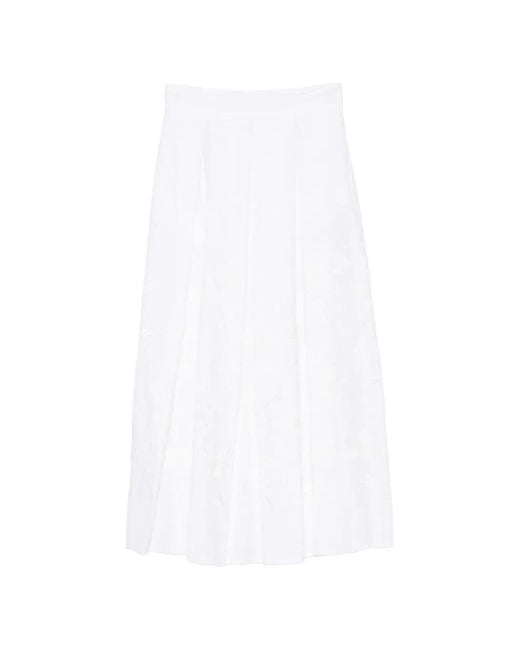 Eleventy White Floral-Embroidery Midi Skirt