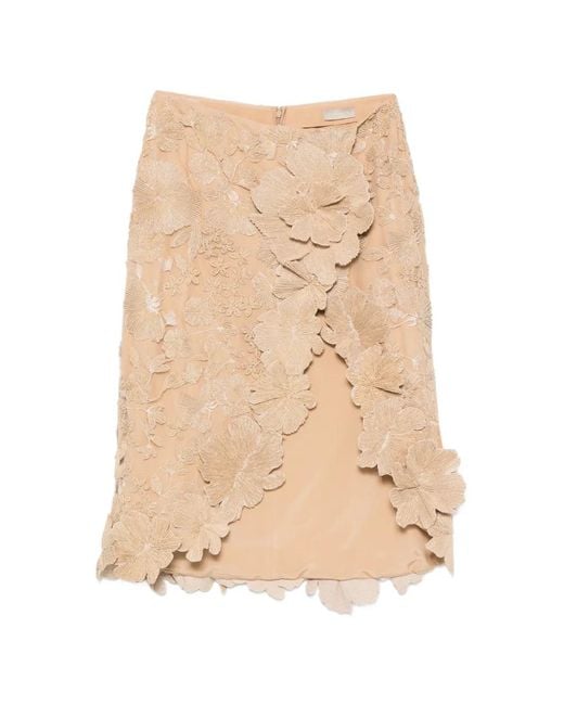 Elie Saab Natural Floral-Appliqué Midi Skirt