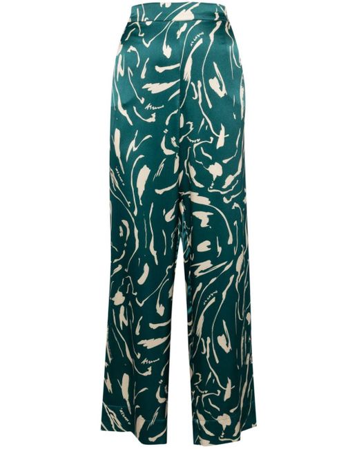 Asceno Green Abstract-print Silk Trousers