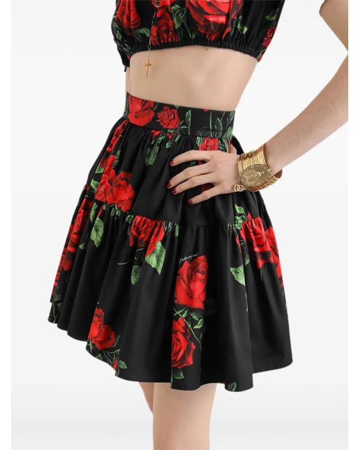 Dolce & Gabbana Red Rose-Print Poplin Skirt