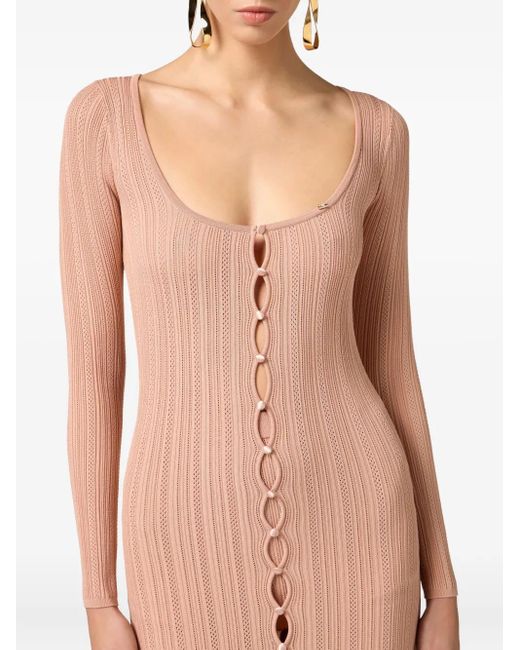 Elisabetta Franchi Pink Ribbed Knit Button-Front Dress
