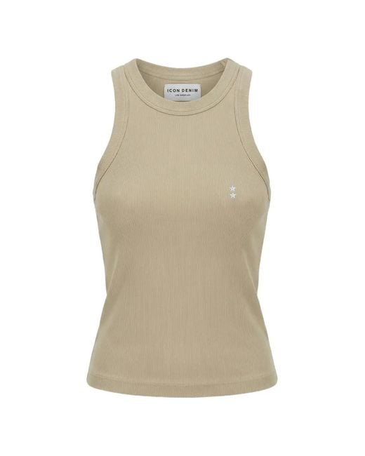 ICON DENIM Natural Luna Ribbed-Knit Star-Embroidered Tank Top
