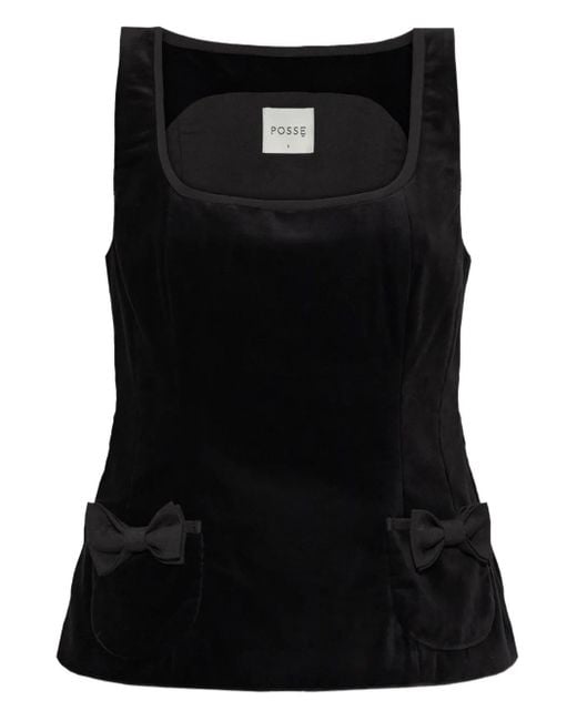 Posse Black Quincy Bow-Detail Cotton Velvet Top