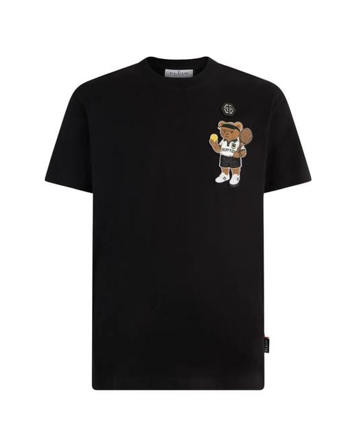Philipp Plein Black Round Neck T-Shirt Teddy Tennis Patch for men