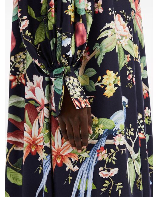 Oscar de la Renta Blue Flora & Fauna-print Silk Kaftan Maxi Dress