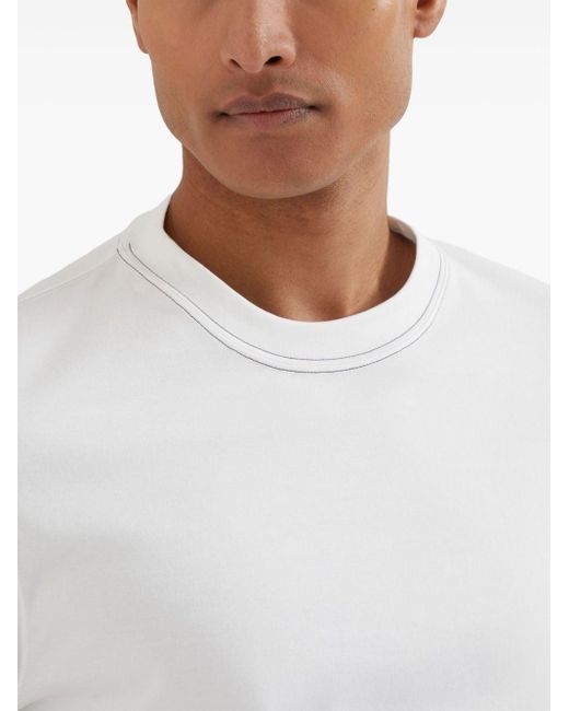 Brunello Cucinelli White Contrast-stitching Cotton T-shirt for men