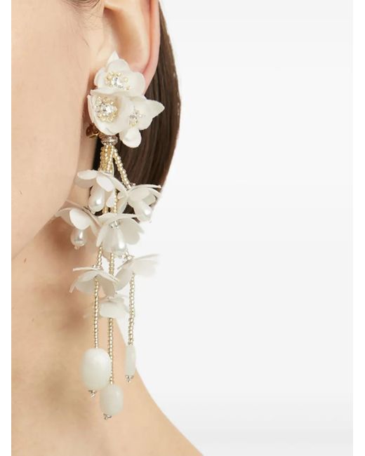 Oscar de la Renta White Beaded Flower Clip-On Earrings