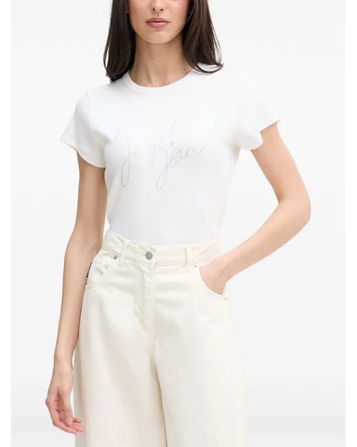 Joop! White Tineta Rhinestone-Logo Ribbed T-Shirt