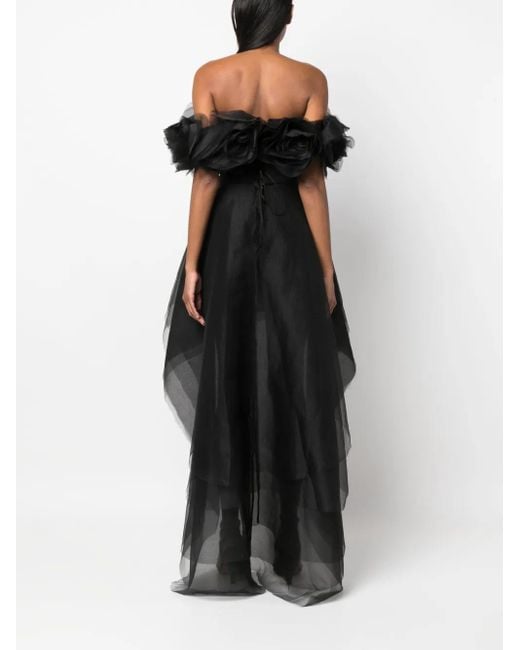 Ana Radu Black Floral-Appliqué Organza Layered Dress