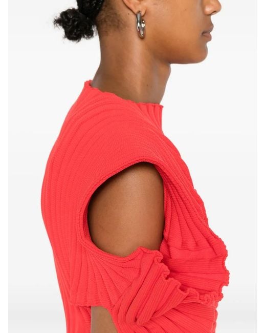 Issey Miyake Red Ribbed-Knit Short-Sleeved Top