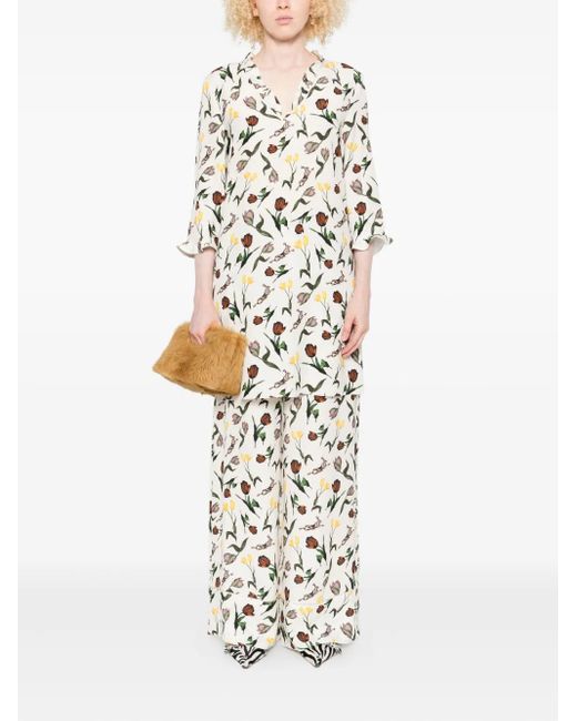 Marni White Tulips-Hares-Print Trousers