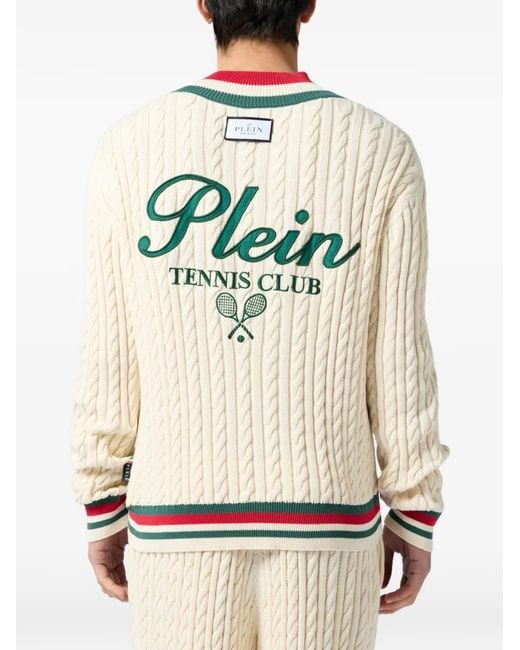 Philipp Plein White V-Neck Pullover Plein Tennis for men