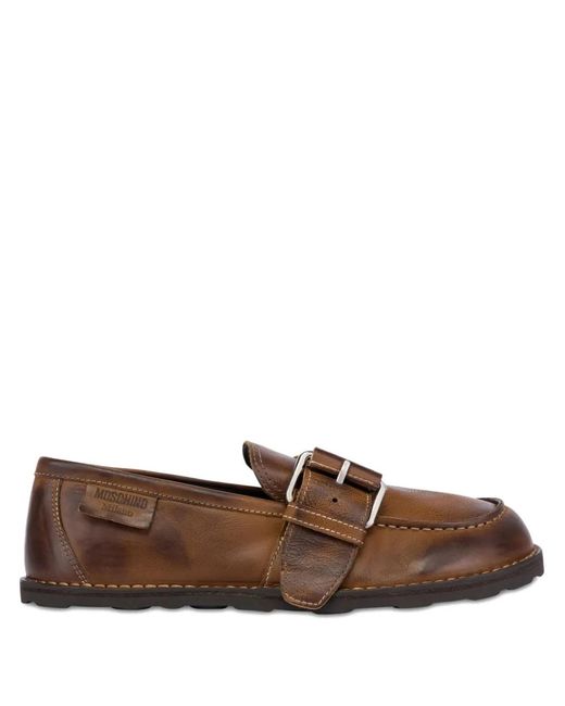 Moschino Brown Buckle-Detailed Leather Loafers for men