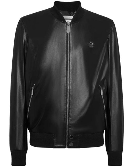Philipp Plein Black Leather Bomber Jacket for men