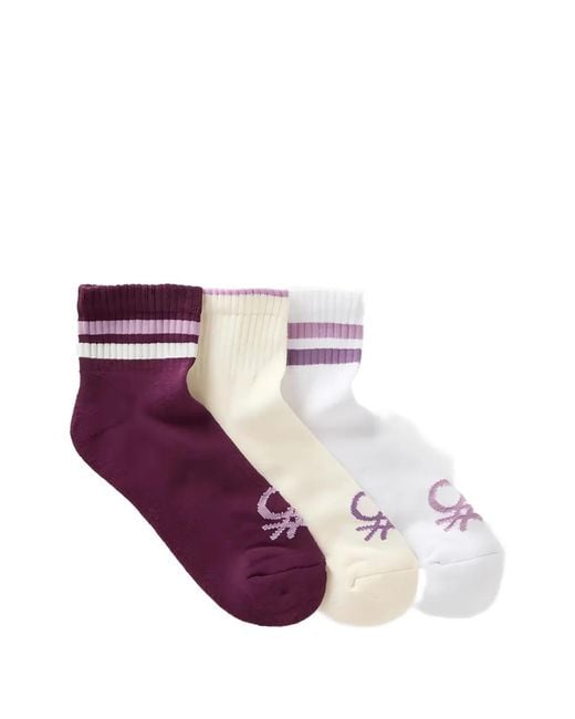 Benetton Purple Logo-Motif Striped-Ankle Socks (Set Of Three)