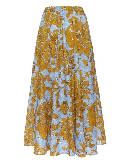 LaDoubleJ Yellow Floral-print Cotton Midi Skirt