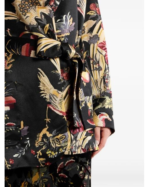 Etro Black Envers Satin Jacket With Belt And Flower And Animal Motif
