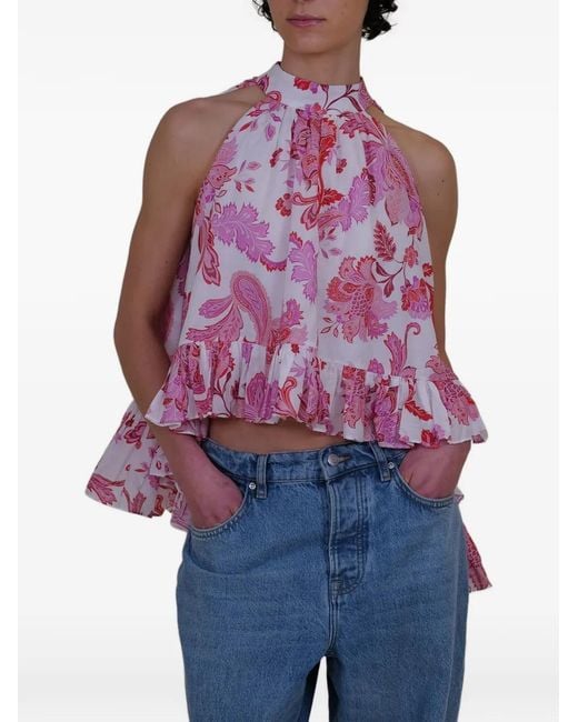 Azeeza Pink Plath Paisley Ruffled Top