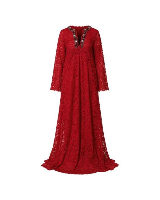 Dolce & Gabbana Red Robe En Dentelle Fleurie À Strass