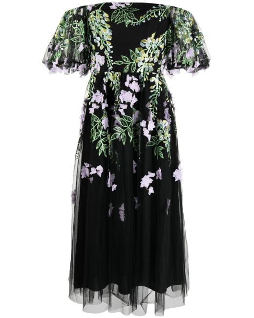 Marchesa Black Floral-embroidered Off-shoulder Midi Dress