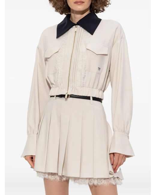 Self-Portrait White Lace-Trimmed Zip-Front Jacket