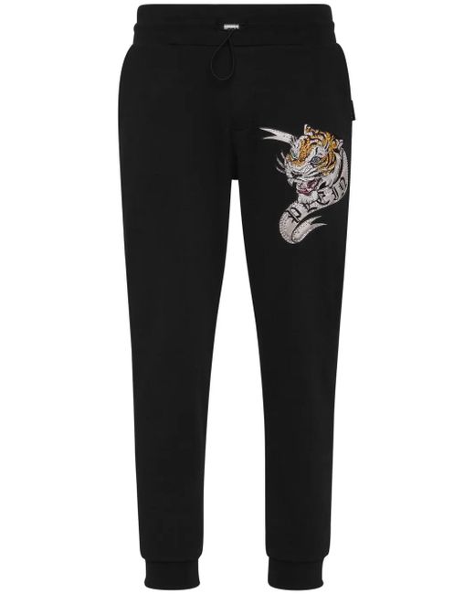 Philipp Plein Black Tiger-Appliqué Drawstring Track Pants for men