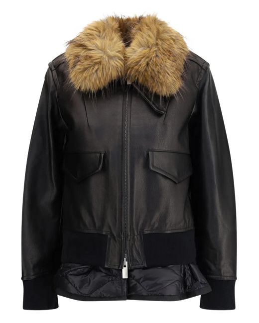 Sacai Leren Jack Met Pluchekraag in het Black