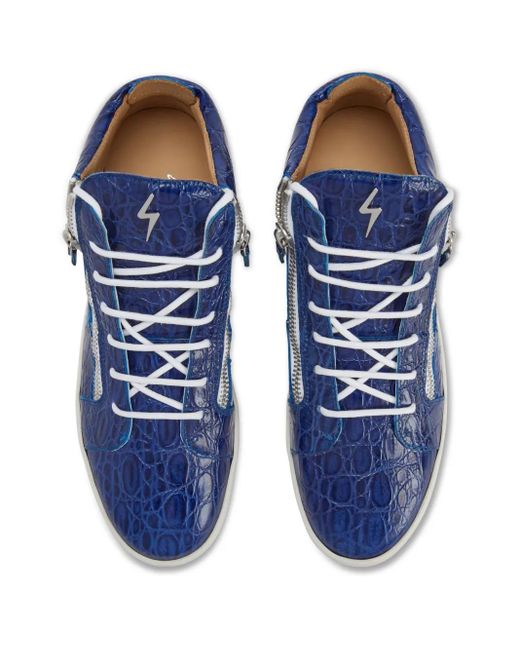 Giuseppe Zanotti Blue Kriss Crocodile-Effect Mid-Top Sneakers for men