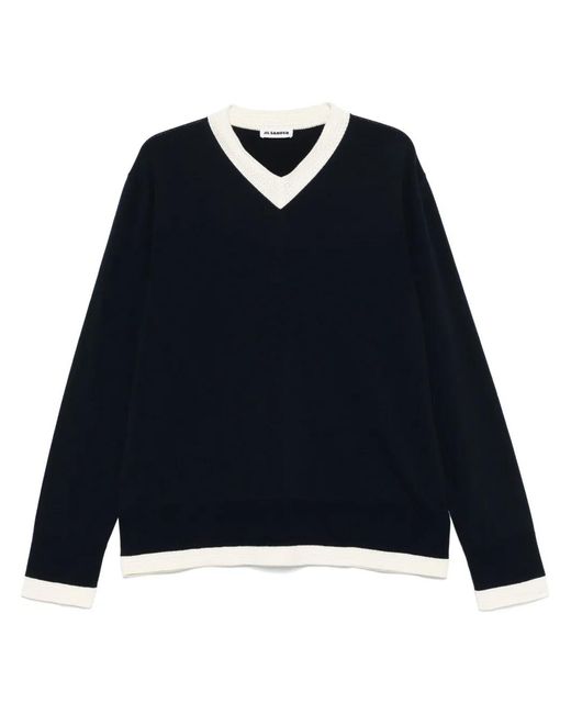 Jil Sander Blue V-Neck Sweater for men