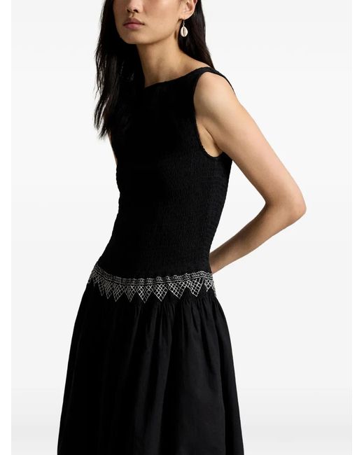 Polo Ralph Lauren Black Shirred-Trim Midi Dress