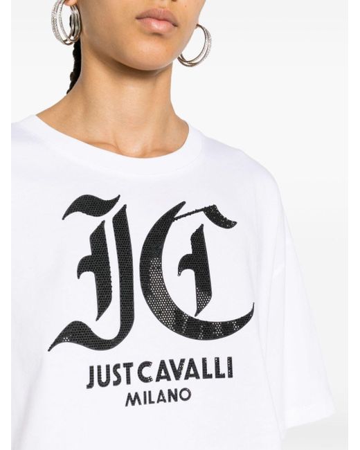 Just Cavalli White T-Shirt mit Kristall-Logo