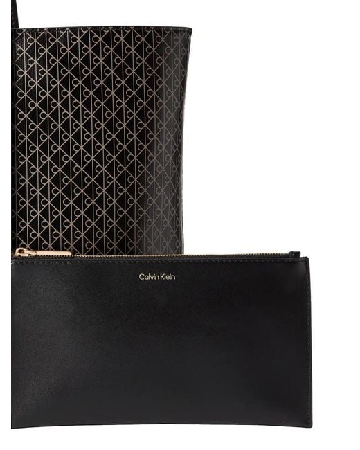 Calvin Klein Black Monogram-Pattern Logo-Plaque Tote Bag