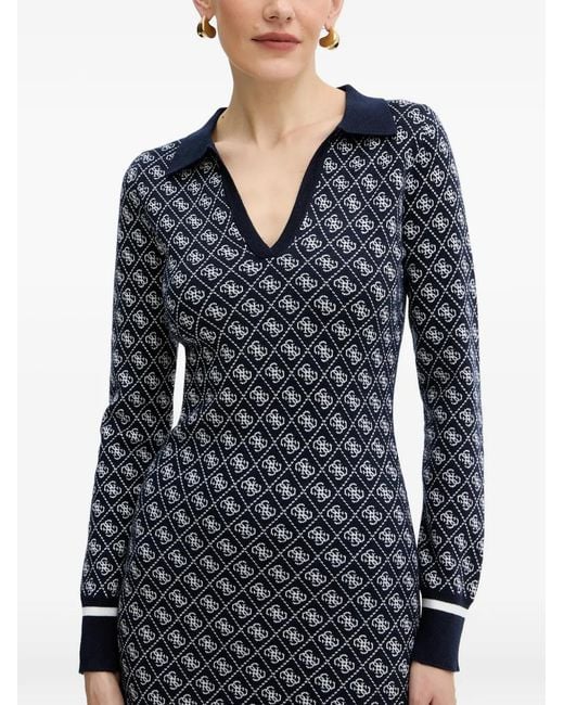 Guess Blue V-Neck Logo-Patterned Mini Dress