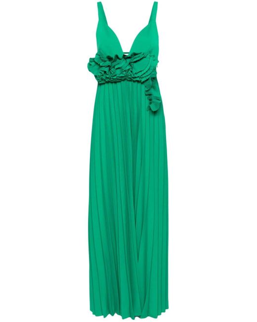 P.A.R.O.S.H. Green Floral-appliqué Pleated Gown