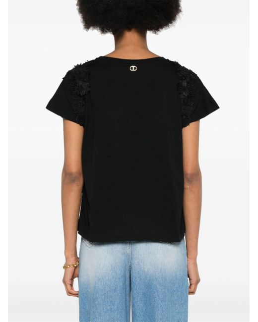 Twin Set Black Floral-appliqué Cotton T-shirt