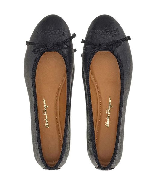 Ferragamo Black Flat Leather Ballerina Shoes