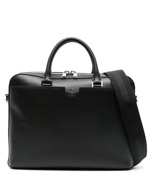 HUGO Black Leather Briefcase - Men's - Polyester/calf Leather/recycled Polyamide for men