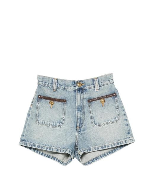 Sandro Blue Leather-Trim Patch-Pocket Shorts
