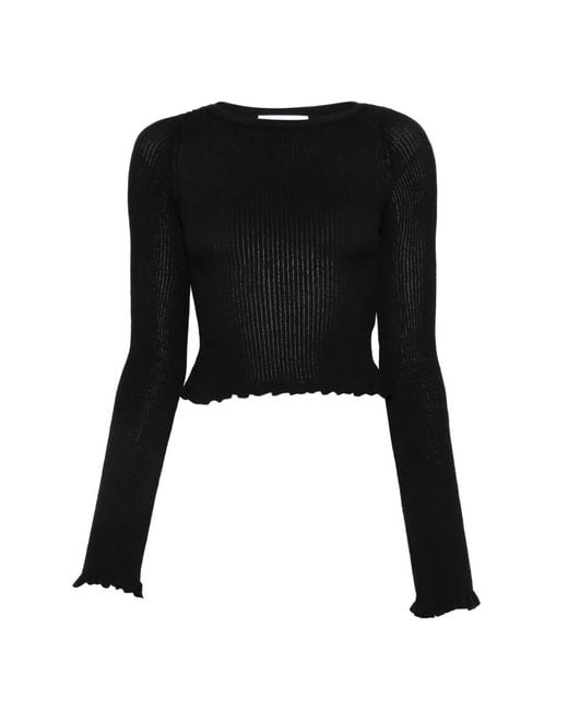 Erika Cavallini Semi Couture Black Ribbed-Knit Lettuce-Hem Sweater