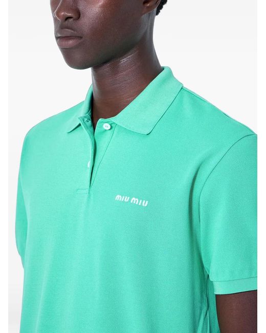 Miu Miu Blue Logo-Embroidered Piqué Polo Shirt for men
