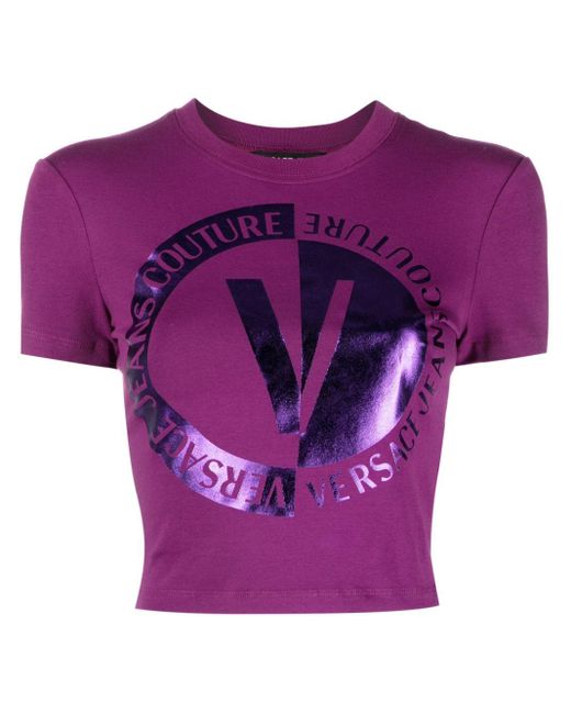 Versace Purple Logo-print Cropped T-shirt