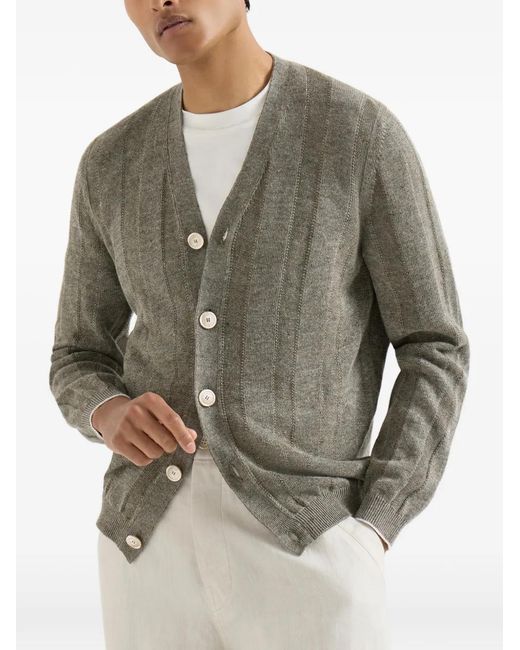 Brunello Cucinelli Green Linen And Cotton Textured Rib Cardigan for men