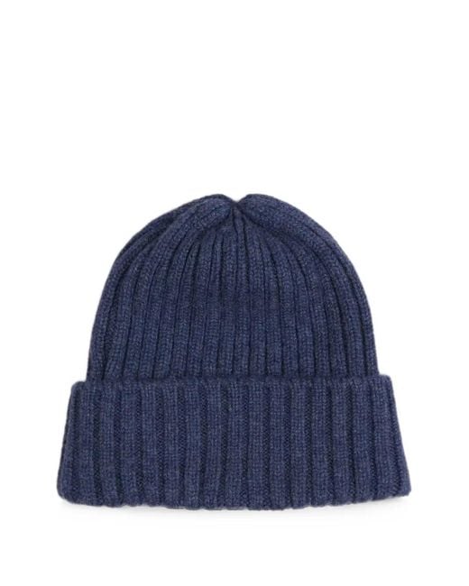 Fedeli Blue Ribbed Cashmere Beanie Hat for men