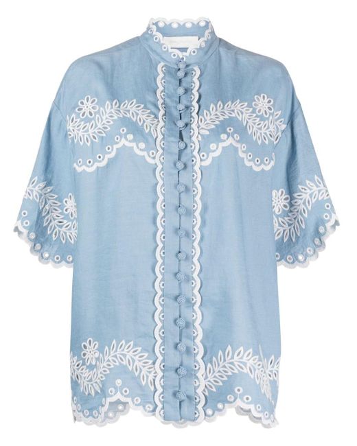 Zimmermann Blue Junie Floral-embroidered Linen Shirt - Women's - Cotton/linen/flax/polyester