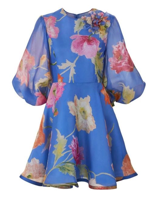 Carolina Herrera Blue Poppy-Print Organza Mini Dress