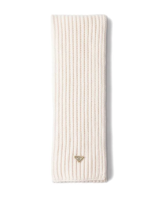 Prada White Enameled Triangle-Logo Rib Knit Scarf